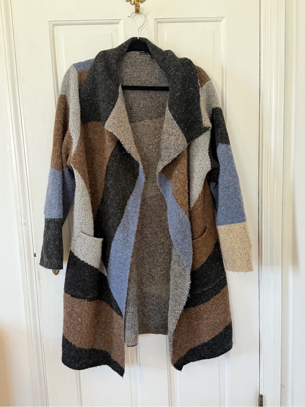Open-Front Colorblock Long Cardigan Sweater - Blue, Brown, Gray